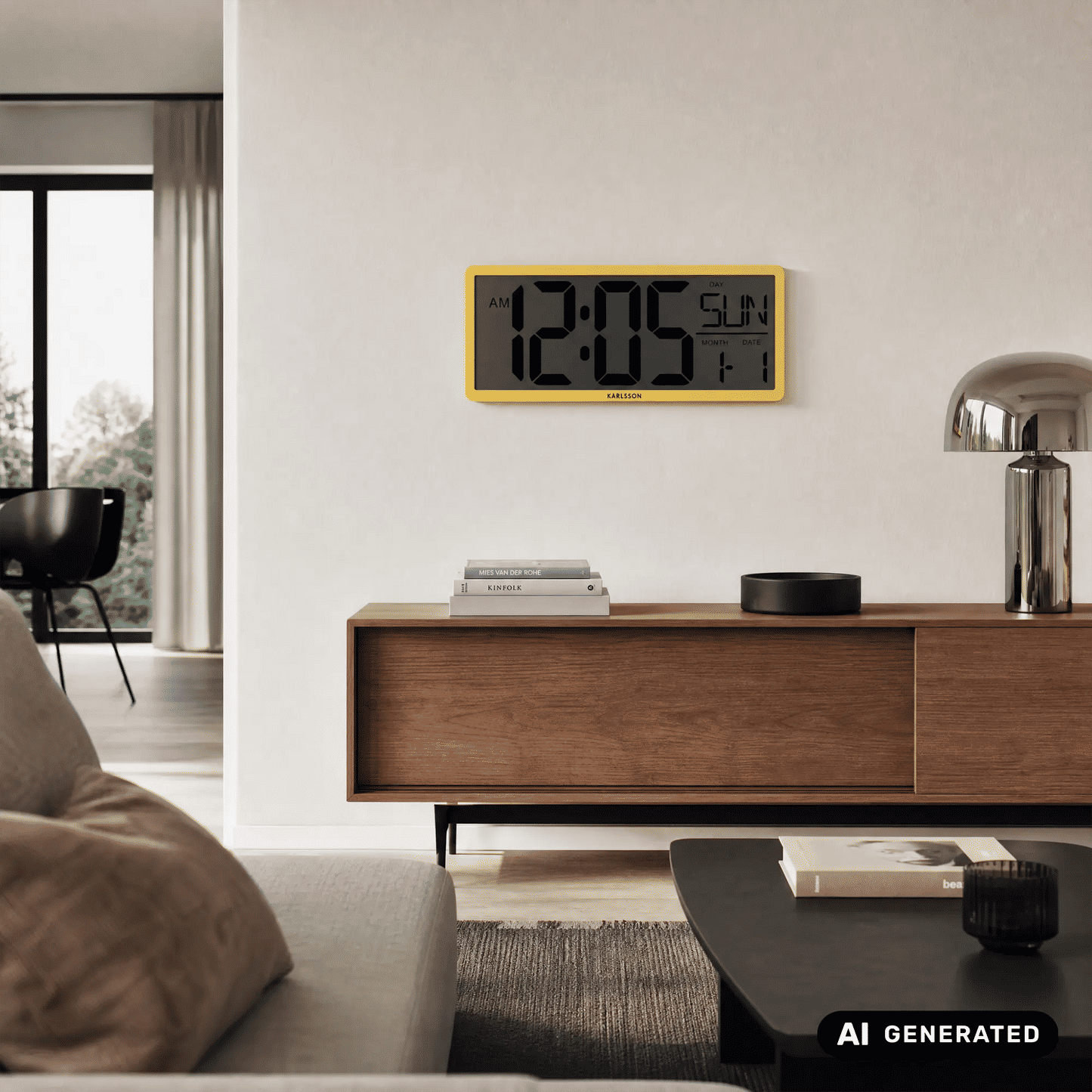 Retro LCD-Wanduhr in hellgelbem Rahmen an der Wand, schwarzes Display mit Uhrzeit.