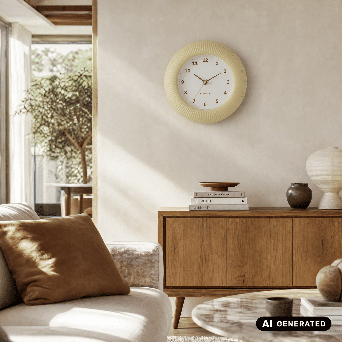 Wanduhr Softgelb an Wohnwand über Kommode, rundes Design mit Relief-Rand