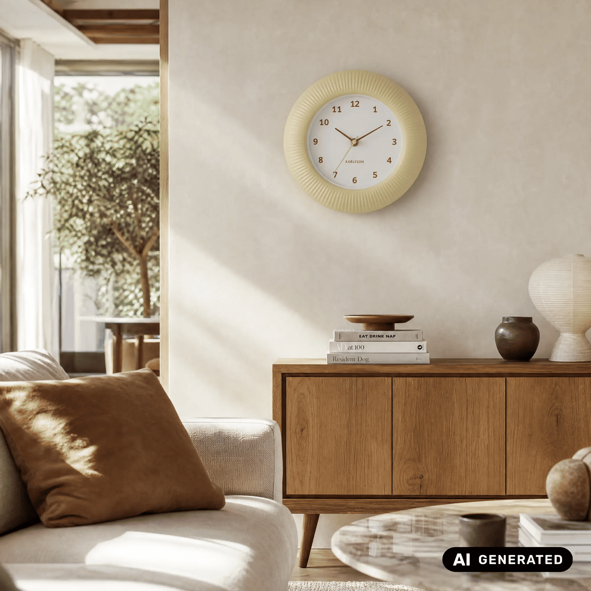 Wanduhr Softgelb an Wohnwand über Kommode, rundes Design mit Relief-Rand