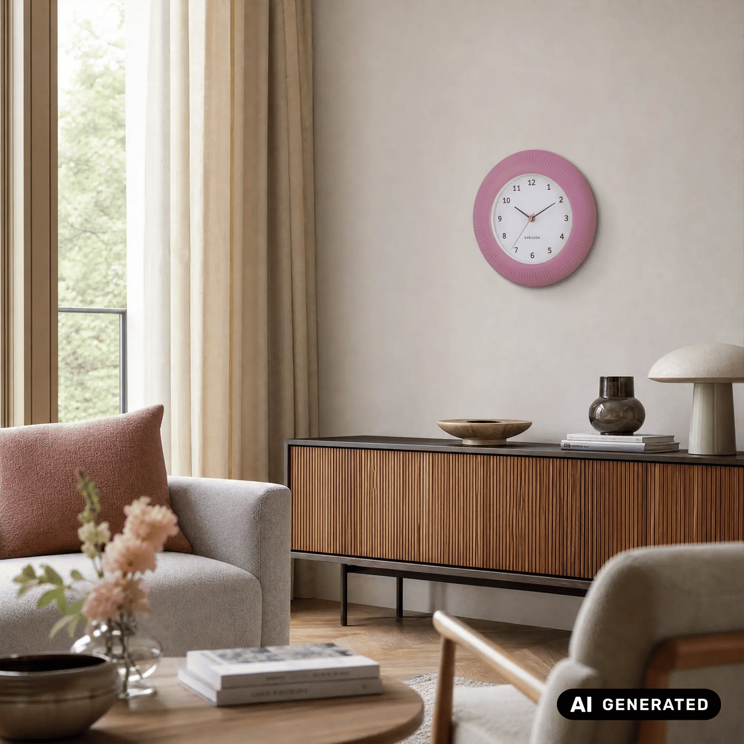 Runde Karlsson Wanduhr in Rosé mit geripptem Zifferblatt und weißem Ziffernblatt.