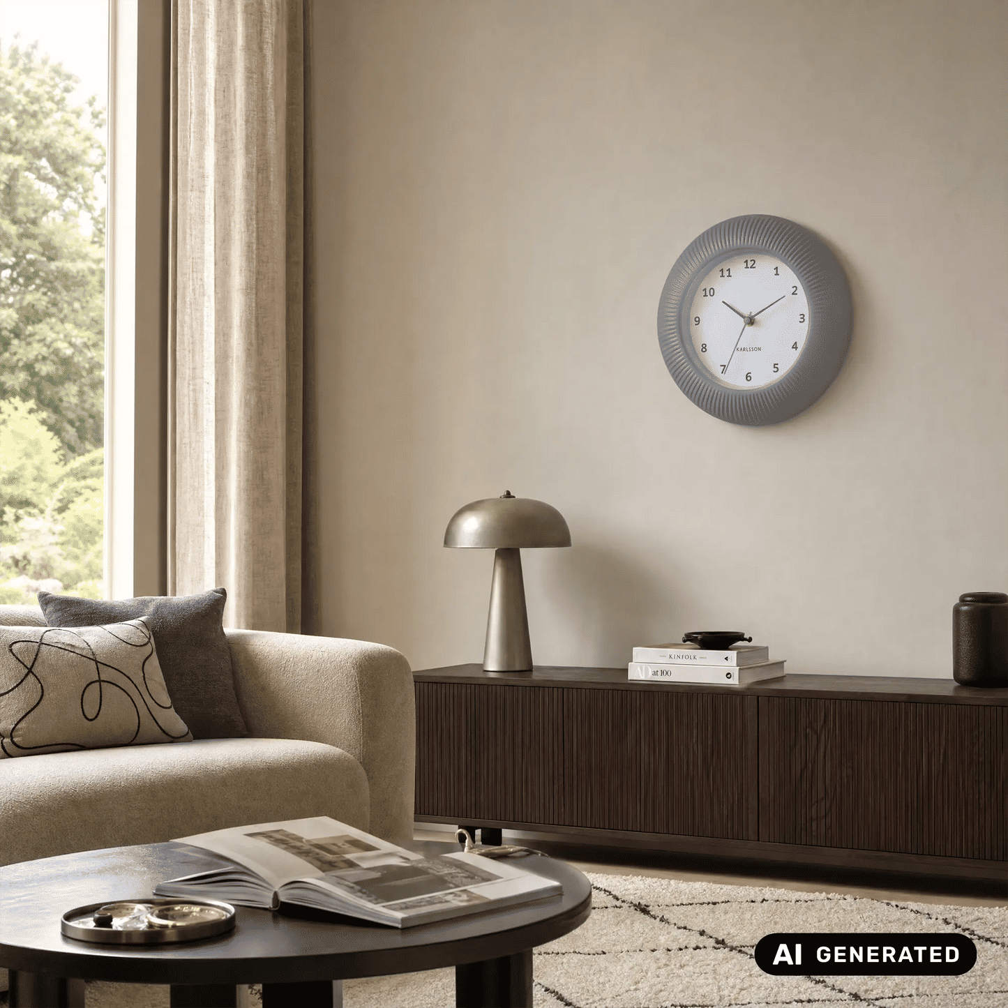 Warmgraue Wanduhr an der Wand mit geriffeltem Gehäuse und klaren Ziffern