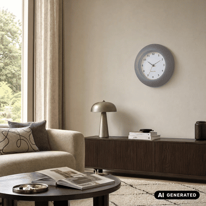 Warmgraue Wanduhr an der Wand mit geriffeltem Gehäuse und klaren Ziffern