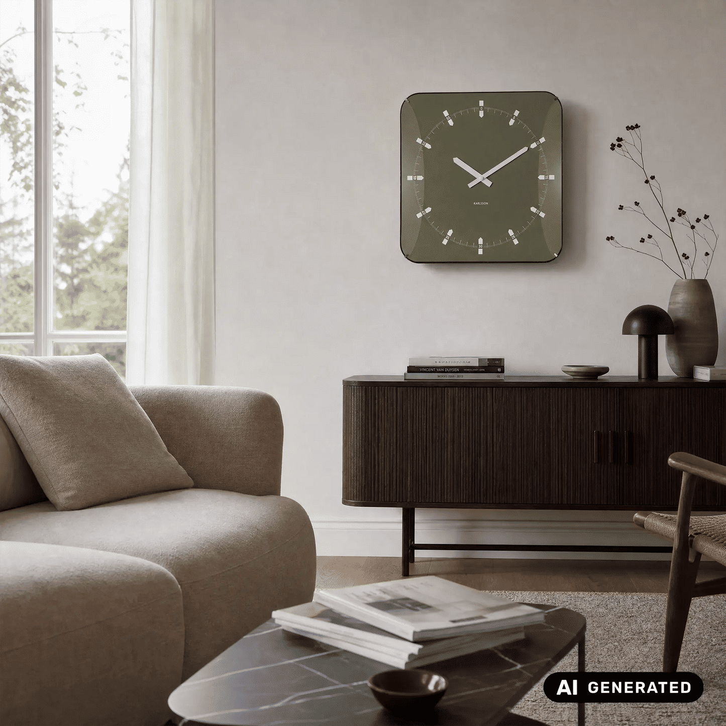 Quadratische Wanduhr mit grünem Zifferblatt, weißen Zeigern und Glasfront