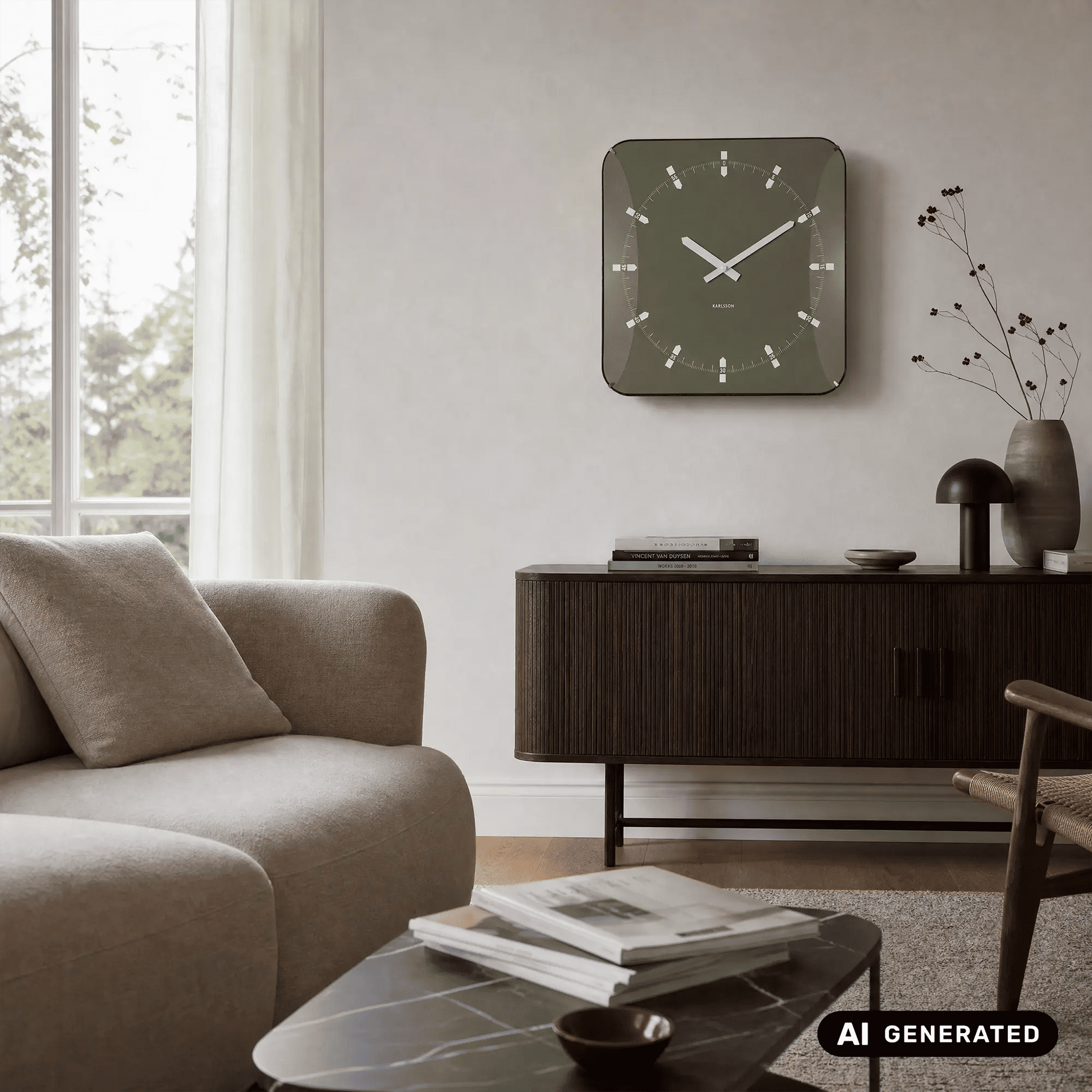 Quadratische Wanduhr mit grünem Zifferblatt, weißen Zeigern und Glasfront