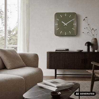 Quadratische Wanduhr mit grünem Zifferblatt, weißen Zeigern und Glasfront