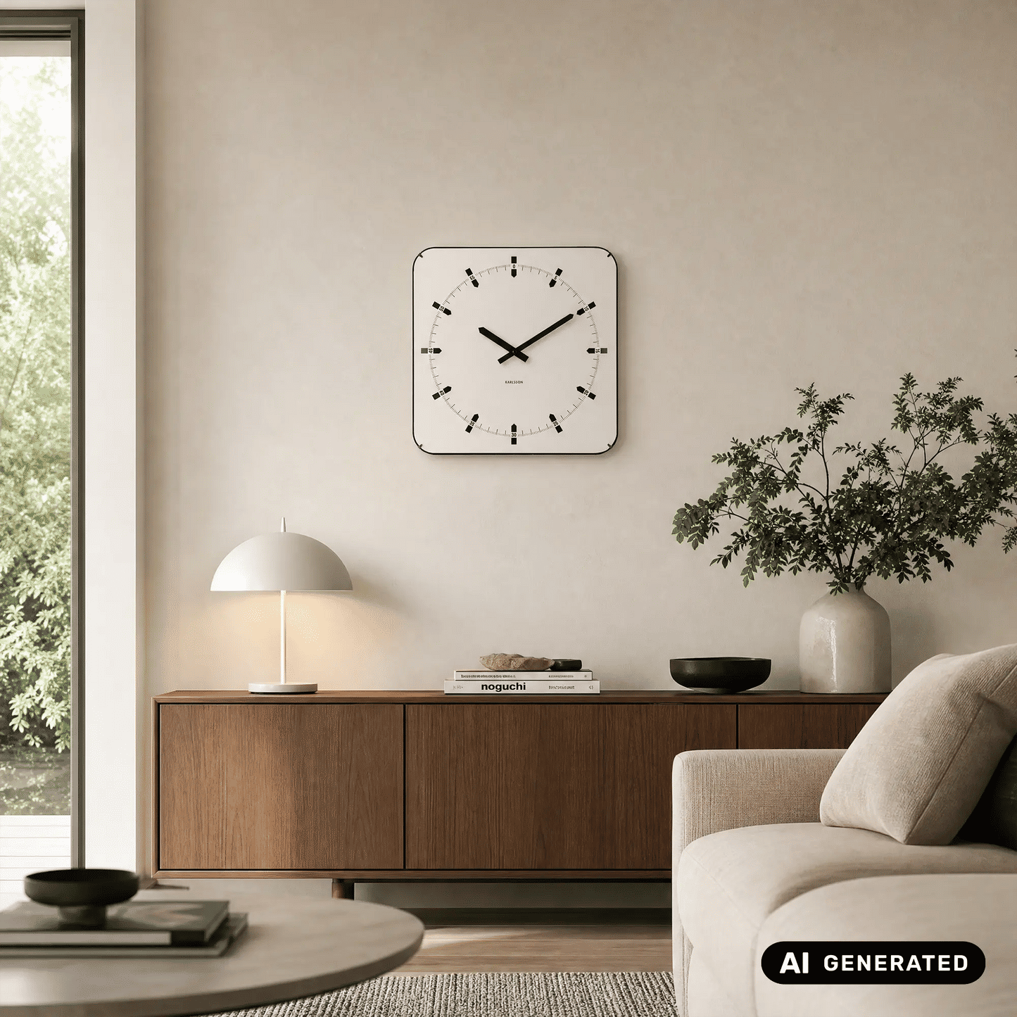 Quadratische Wanduhr mit weißem Zifferblatt und schwarzem Rahmen, gewölbtes Glas.