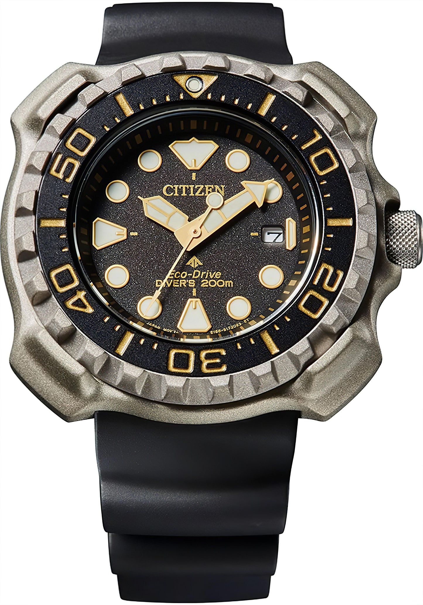 Citizen Promaster Herrenuhr mit schwarzem Zifferblatt, goldenen Markierungen, schwarzem Kautschukband