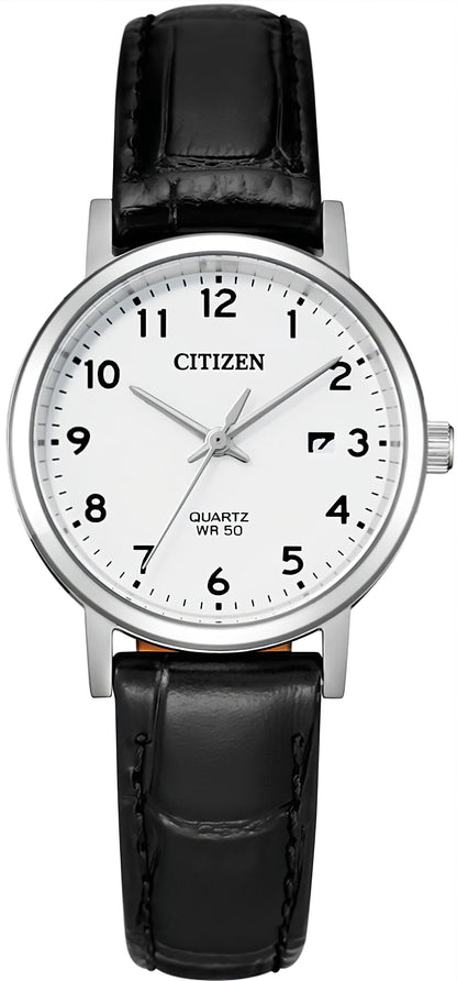 Damenarmbanduhr mit schwarzem Lederarmband, silbernem Gehäuse und weißem Zifferblatt (Citizen)