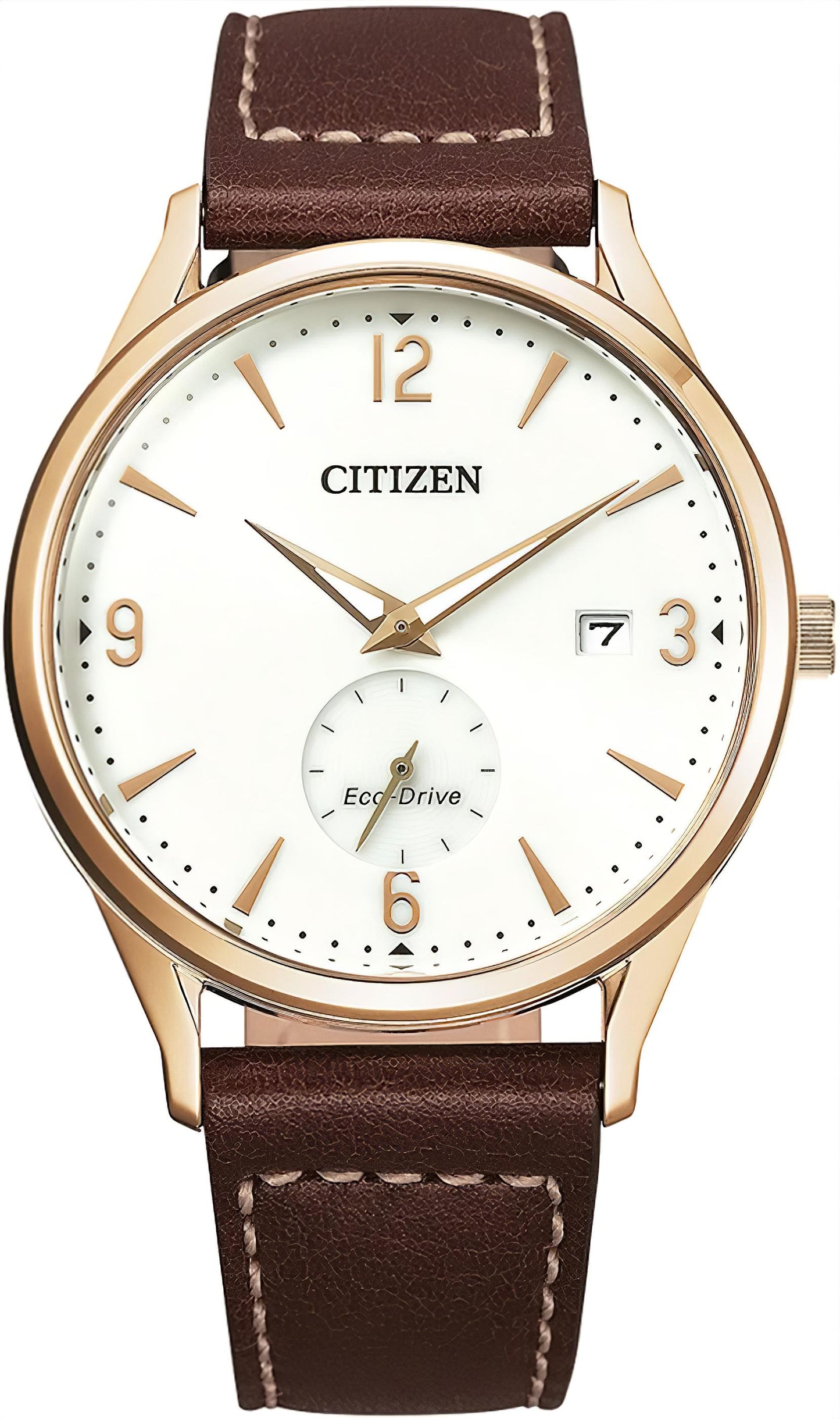 Citizen Herrenuhr mit braunem Lederarmband, goldfarbenem Gehäuse und weißem Zifferblatt (Eco-Drive)