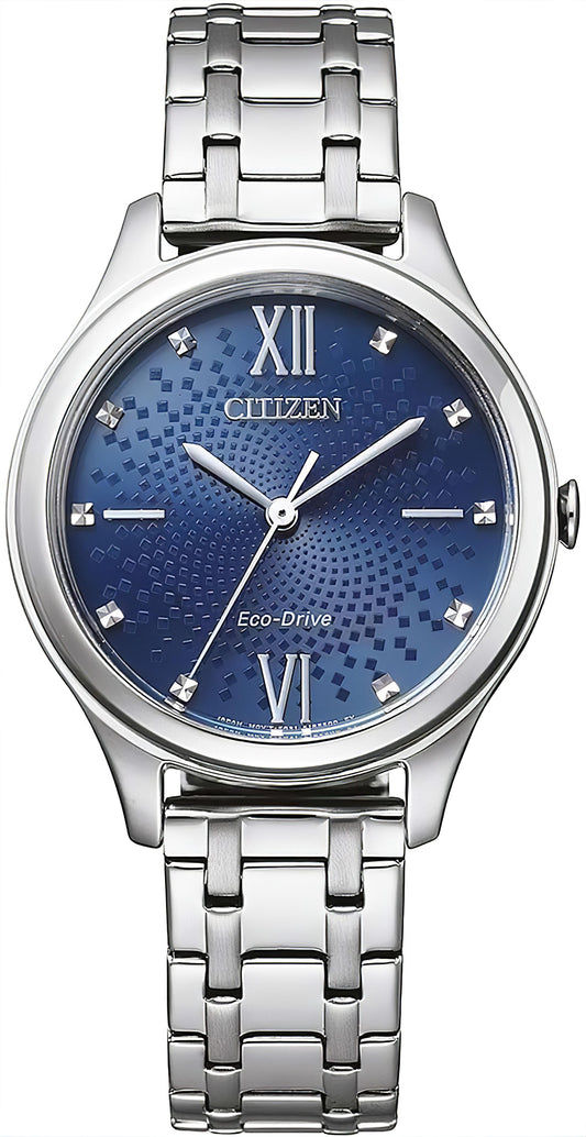 Citizen Damenuhr mit rundem silbernem Gehäuse, blauem Zifferblatt und Edelstahlarmband