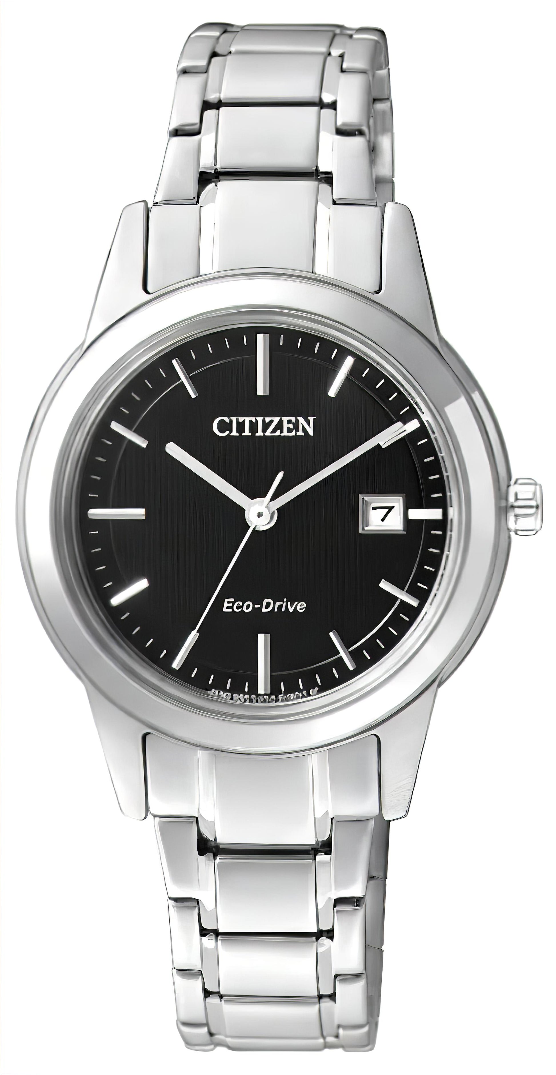 Damenuhr Citizen Eco-Drive mit Edelstahlband, schwarzem Zifferblatt und Datumsanzeige