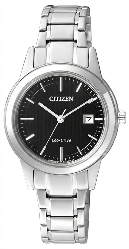 Damenuhr Citizen Eco-Drive mit Edelstahlband, schwarzem Zifferblatt und Datumsanzeige