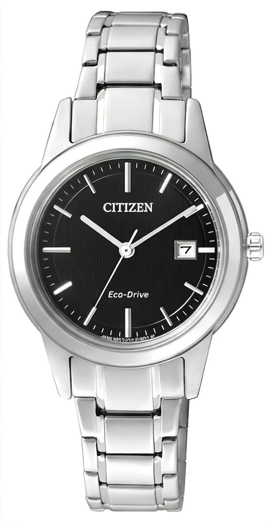 Damenuhr Citizen Eco-Drive mit Edelstahlband, schwarzem Zifferblatt und Datumsanzeige
