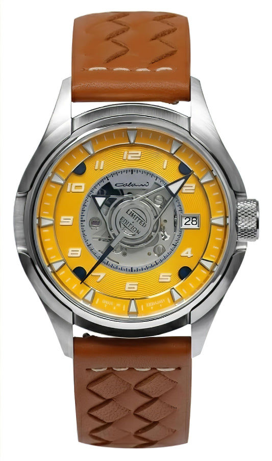 Colani Herrenuhr mit braunem Lederband, silbernem Gehäuse und orangefarbenem Zifferblatt, Datum