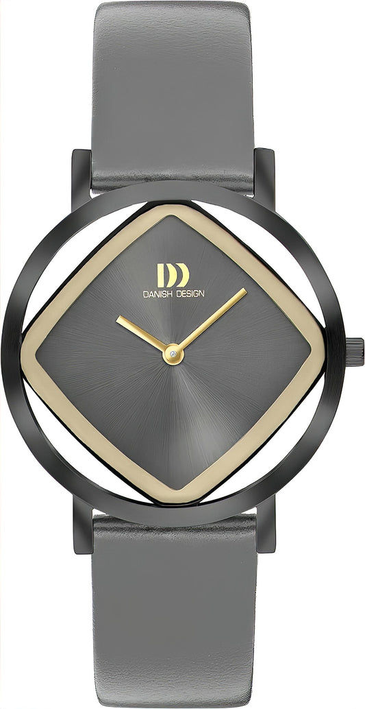 Danish Design Pico Damenuhr mit grauem Lederarmband, dunklem Zifferblatt und goldenen Zeigern