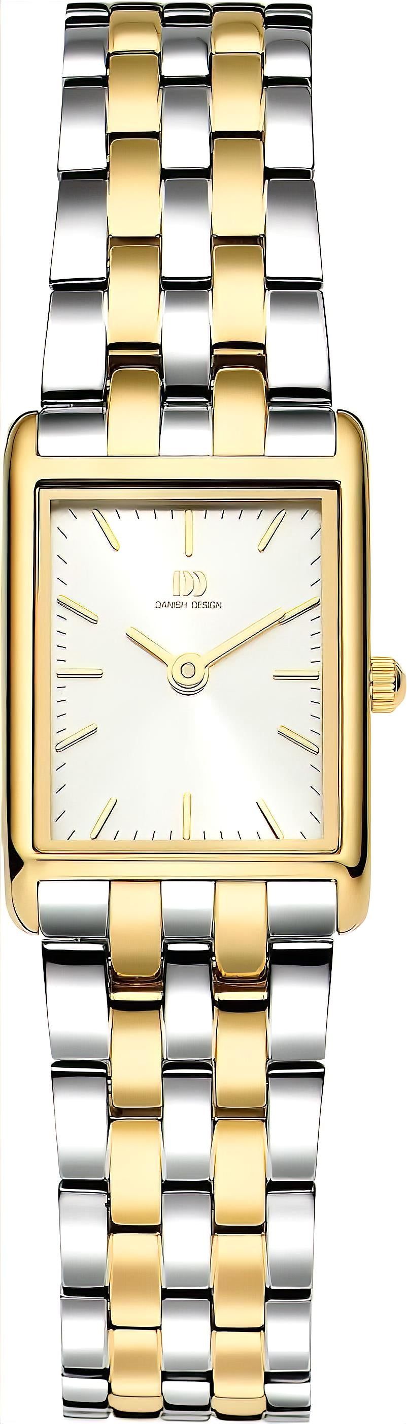 Damen-Armbanduhr mit zweifarbigem Metallarmband, goldenem Eckgehäuse, weißem Zifferblatt