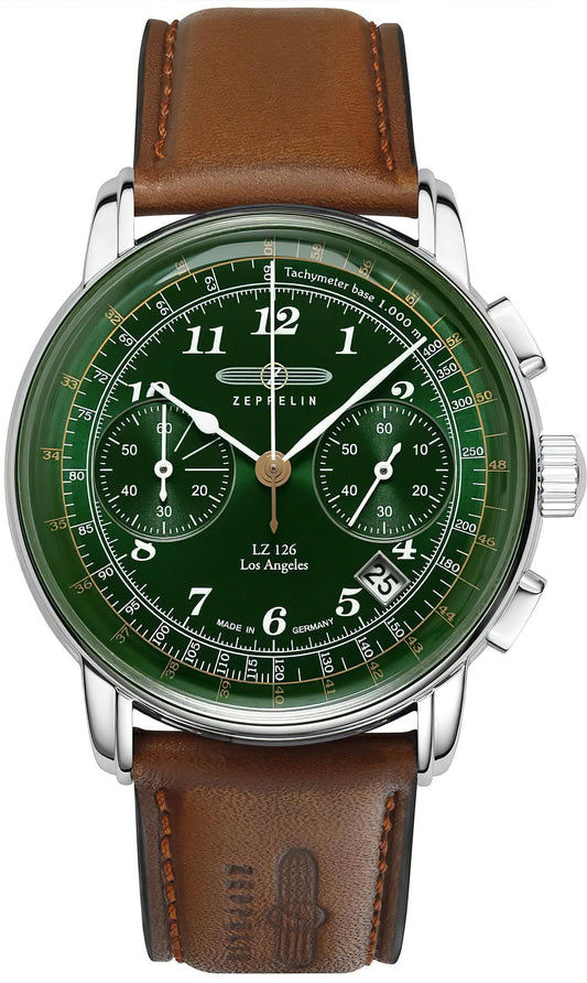 Herrenchronograph mit grünem Zifferblatt, silbernem Gehäuse und braunem Lederarmband