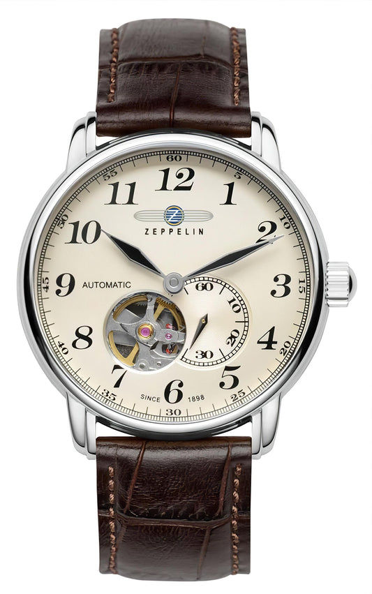 Herrenarmbanduhr mit silbernem Gehäuse, cremefarbenem Zifferblatt und braunem Lederband (Automatik).