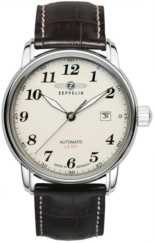 Herrenarmbanduhr: beiges Zifferblatt, Automatik, Edelstahlgehäuse, dunkelbraunes Lederband.