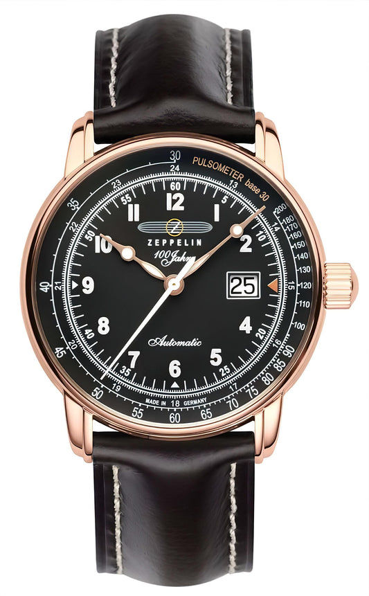 Herrenarmbanduhr mit schwarzem Lederband, roségoldfarbenem Gehäuse und Datumsanzeige 25