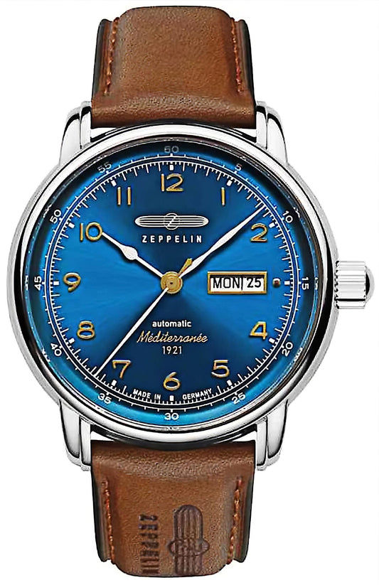Zeppelin Herrenuhr mit blauem Zifferblatt, braunem Lederarmband und Datumsanzeige