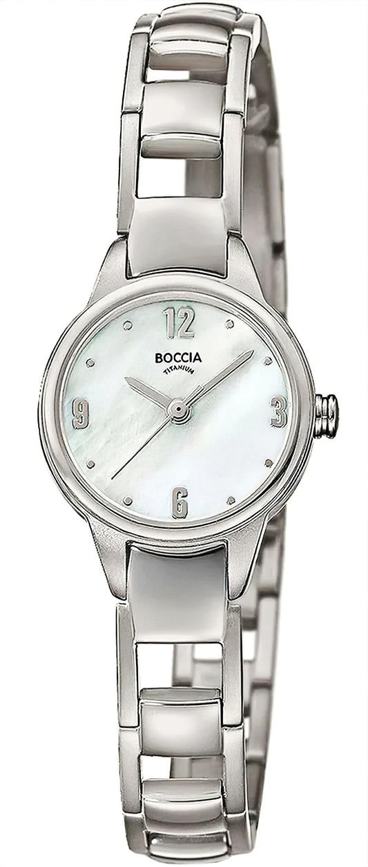 Boccia Damenarmbanduhr mit silbernem Edelstahlband und weißem Zifferblatt, rundem Gehäuse