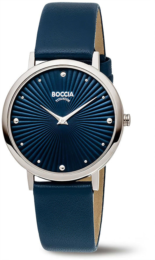 Boccia Herrenarmbanduhr mit blauem Zifferblatt und Lederband, Edelstahlgehäuse
