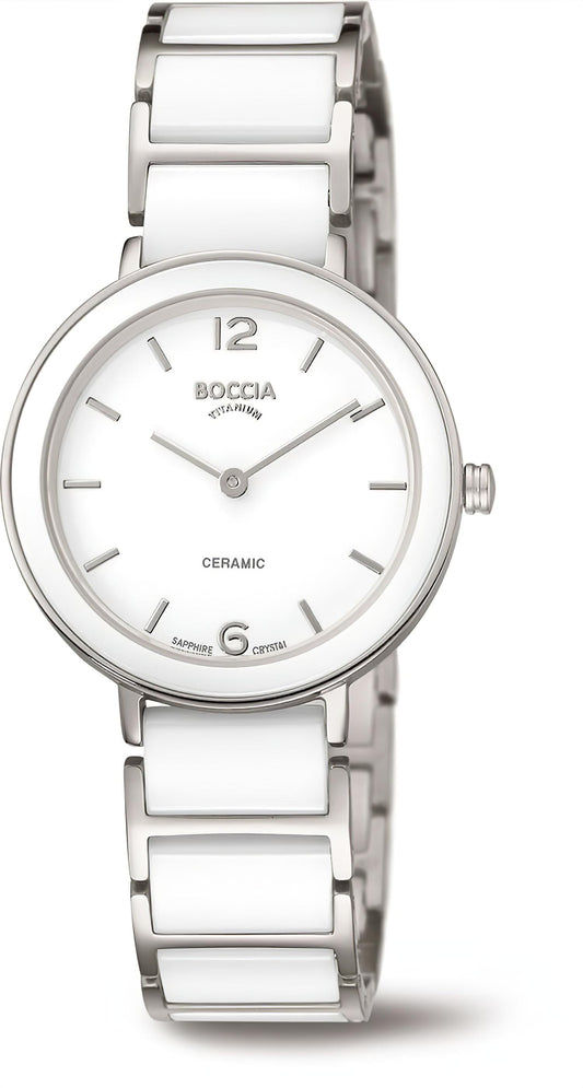 Boccia Damenarmbanduhr mit weißem Zifferblatt, Keramikmarkierungen und Edelstahlband