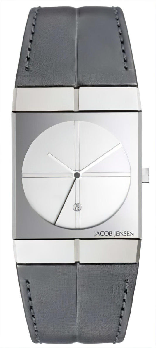 Unisex-Uhr mit rundem weißem Zifferblatt und grauem Lederarmband, Jacob Jensen