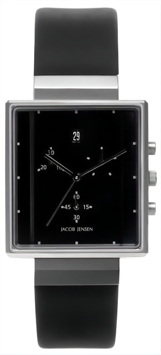 Jacob Jensen Herrenarmbanduhr mit rechteckigem Zifferblatt und schwarzem Armband