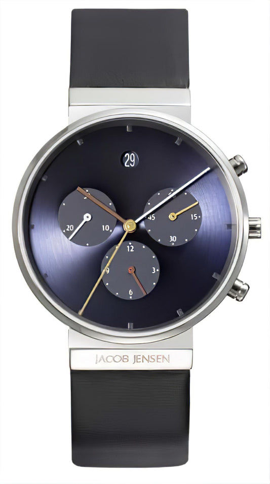 Jacob Jensen Chronographenarmbanduhr mit blauem Zifferblatt und schwarzem Band