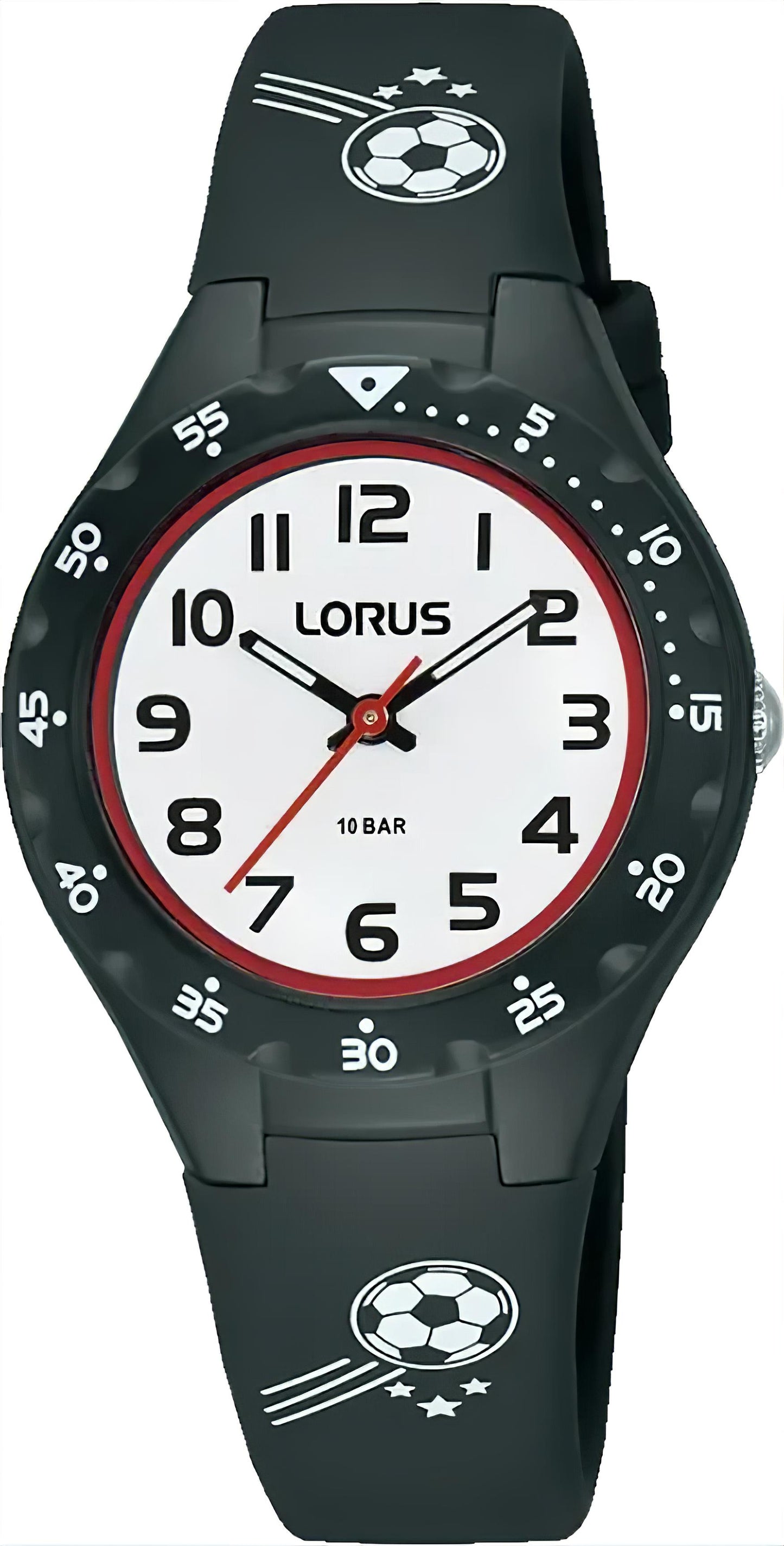 Lorus Kinderuhr mit schwarzem Silikonarmband, Fußball-Design, Ziffernblatt mit 10 Bar.