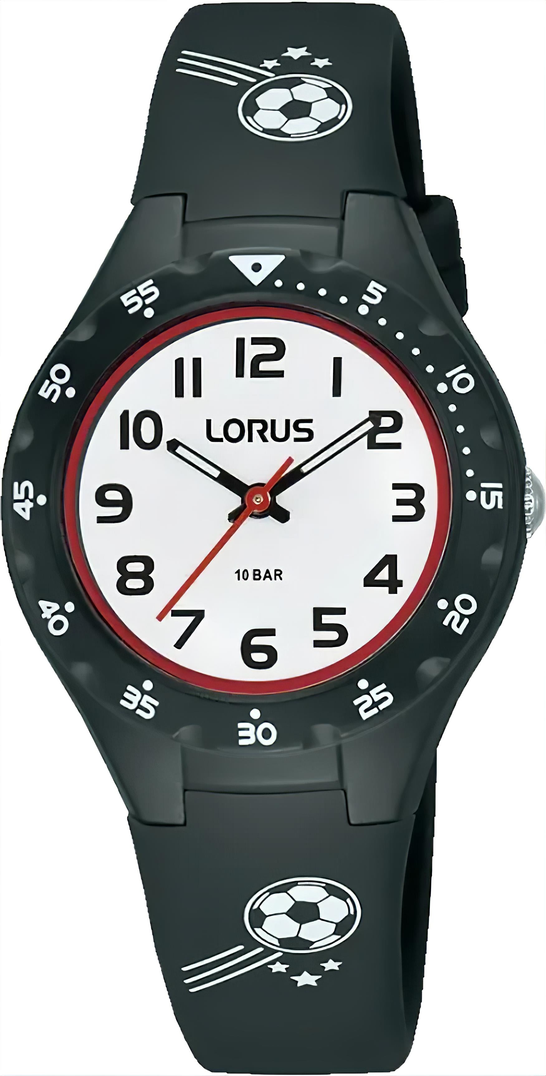 Lorus Kinderuhr mit schwarzem Silikonarmband, Fußball-Design, Ziffernblatt mit 10 Bar.