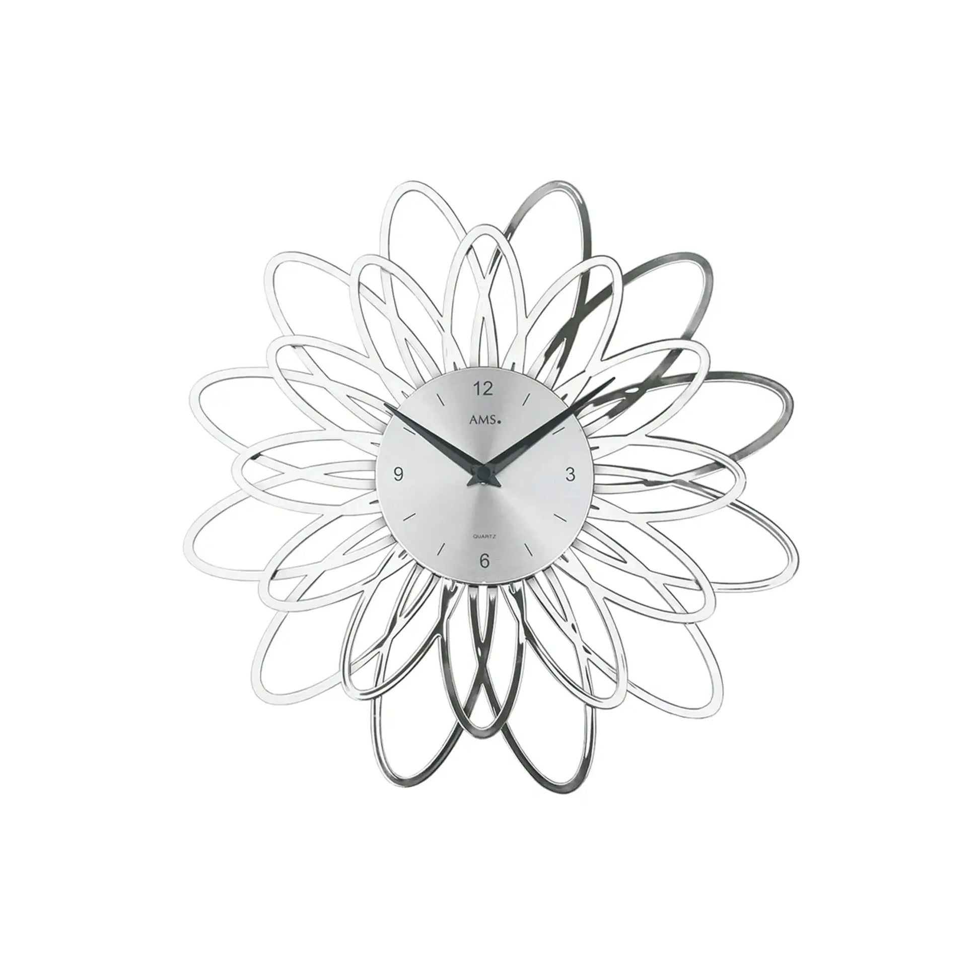 AMS Wanduhr: floraler Metallrahmen, weißes Zifferblatt, schwarze Zeiger, Mineralglas