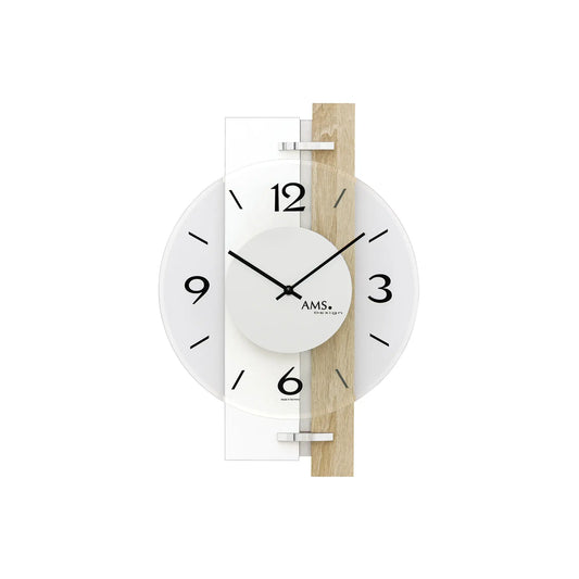 Orologio da parete AMS W9557 Bianco/Sonoma • Movimento al quarzo • Vetro minerale stampato