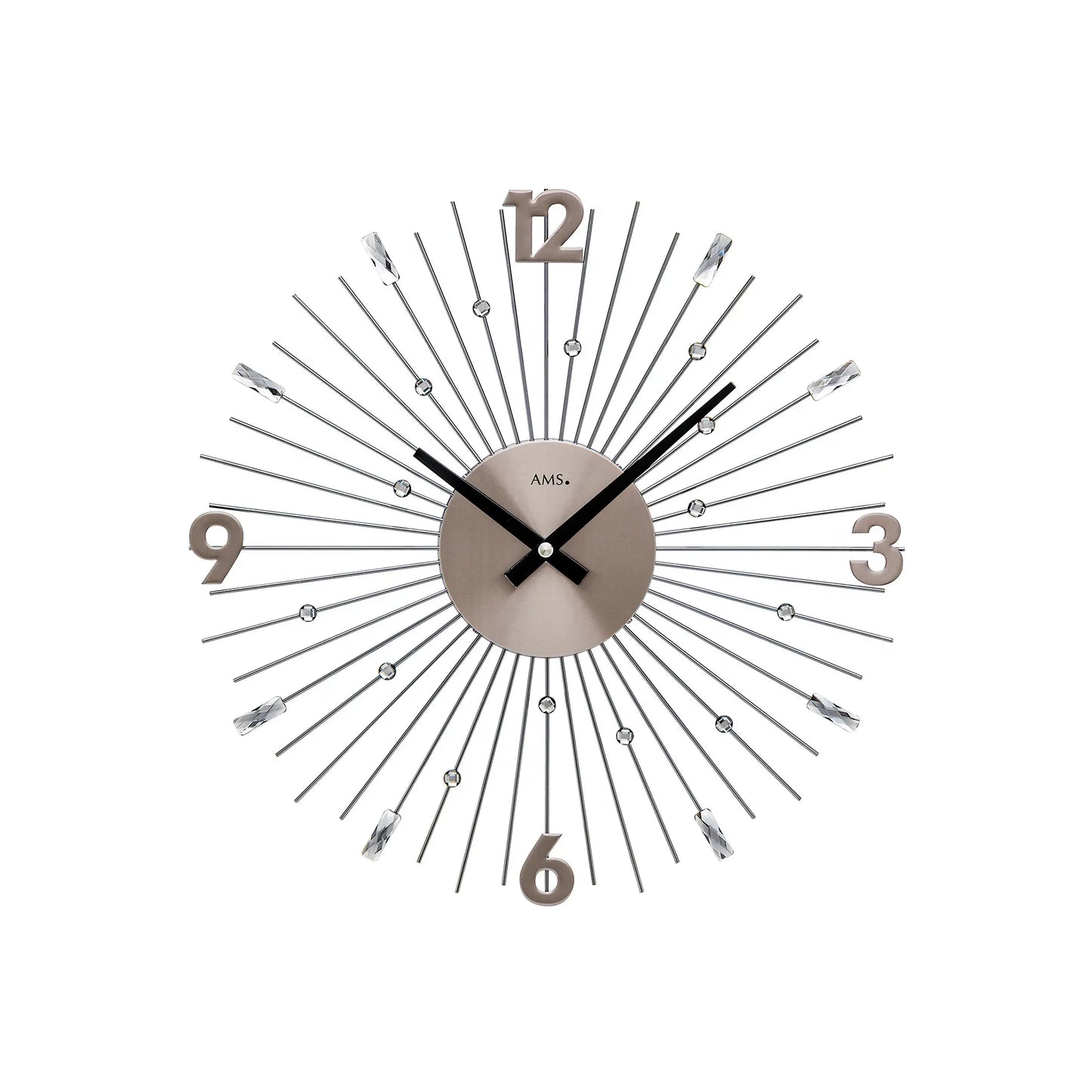 Wanduhr mit anthrazitfarbenem Zifferblatt, schwarzen Zeigern und Metallstäben
