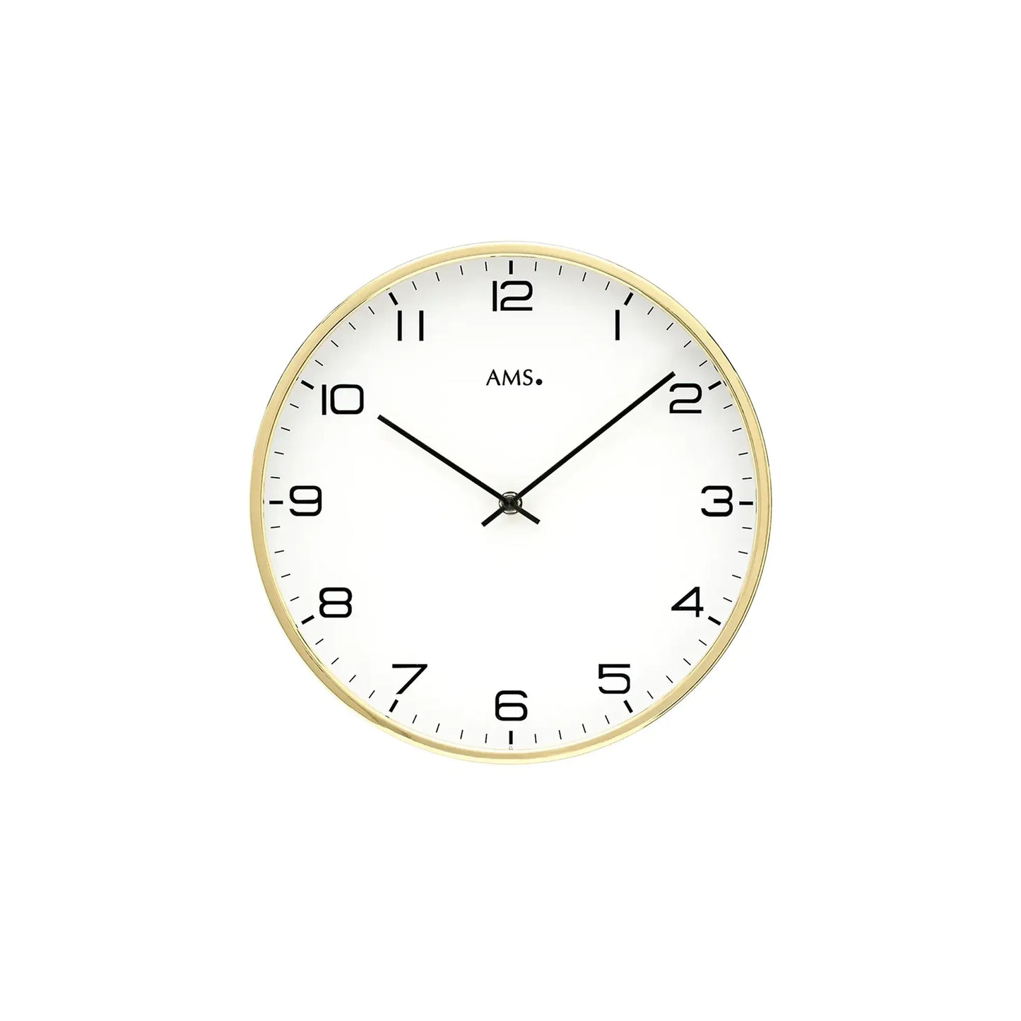 Quarz-Wanduhr: rundes goldfarbenes Gehäuse, weißes Zifferblatt mit schwarzen Zahlen