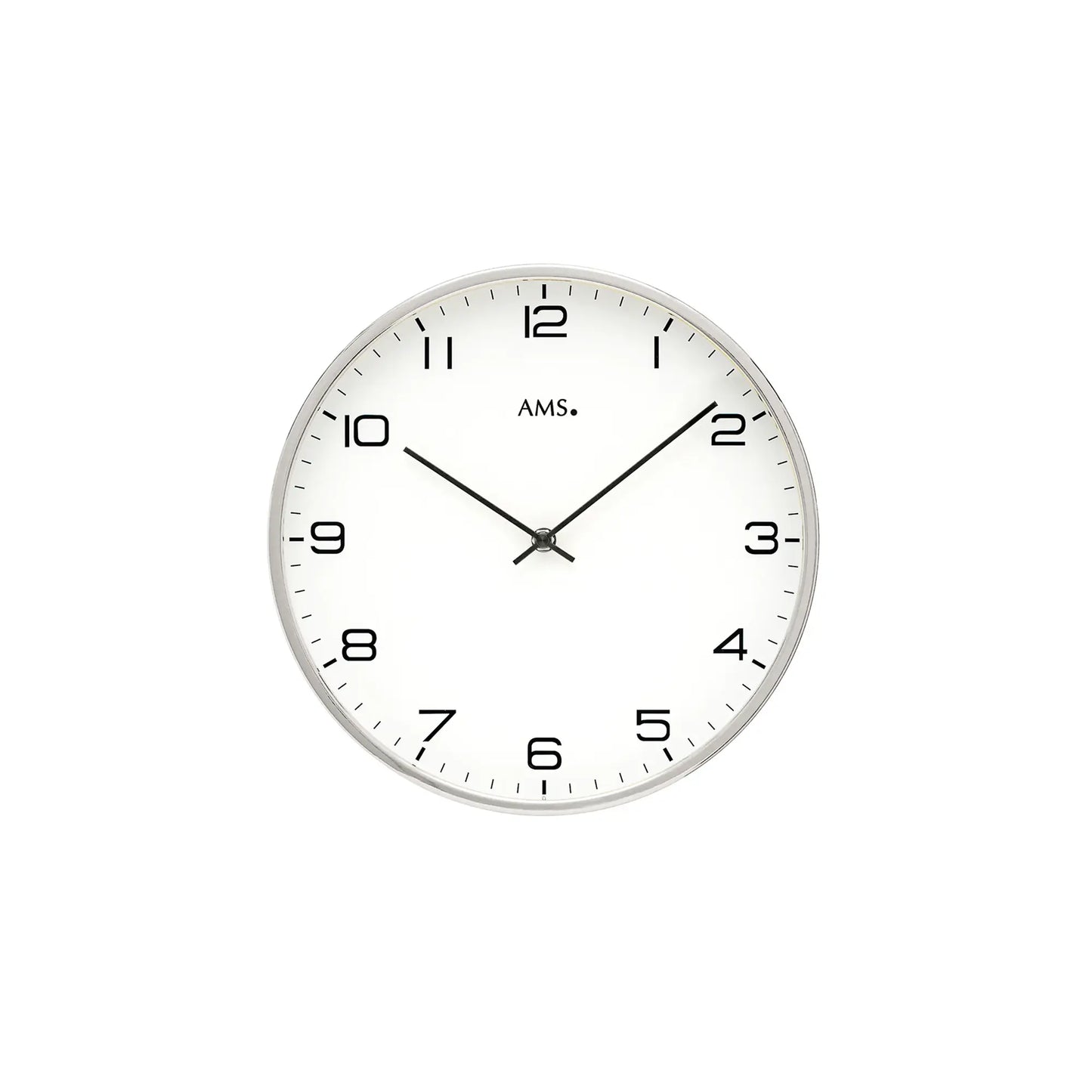 Wanduhr mit vernickeltem Rahmen, weißem Zifferblatt, Mineralglas und Quarzwerk