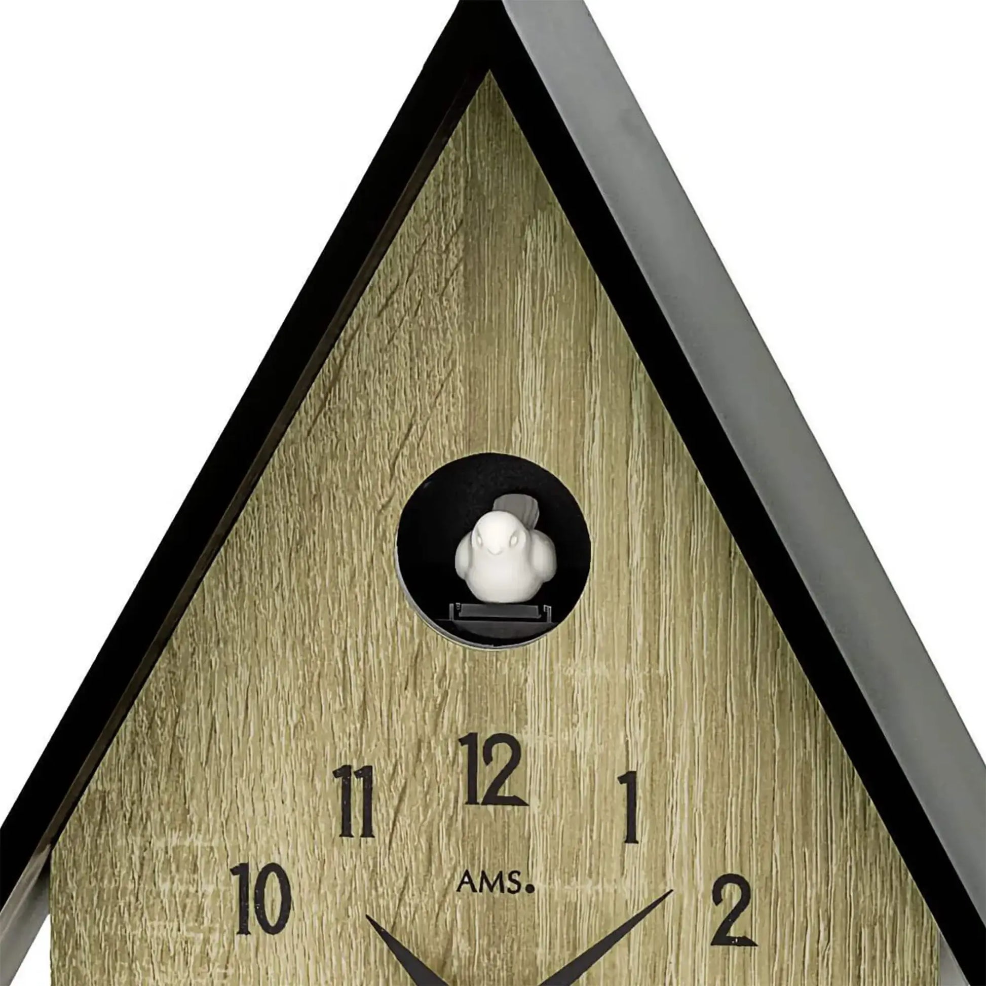 Wanduhr Vogelhaus-Ansicht mit schwarzem Fenster, weißem Motiv und Anthrazit-Rahmen