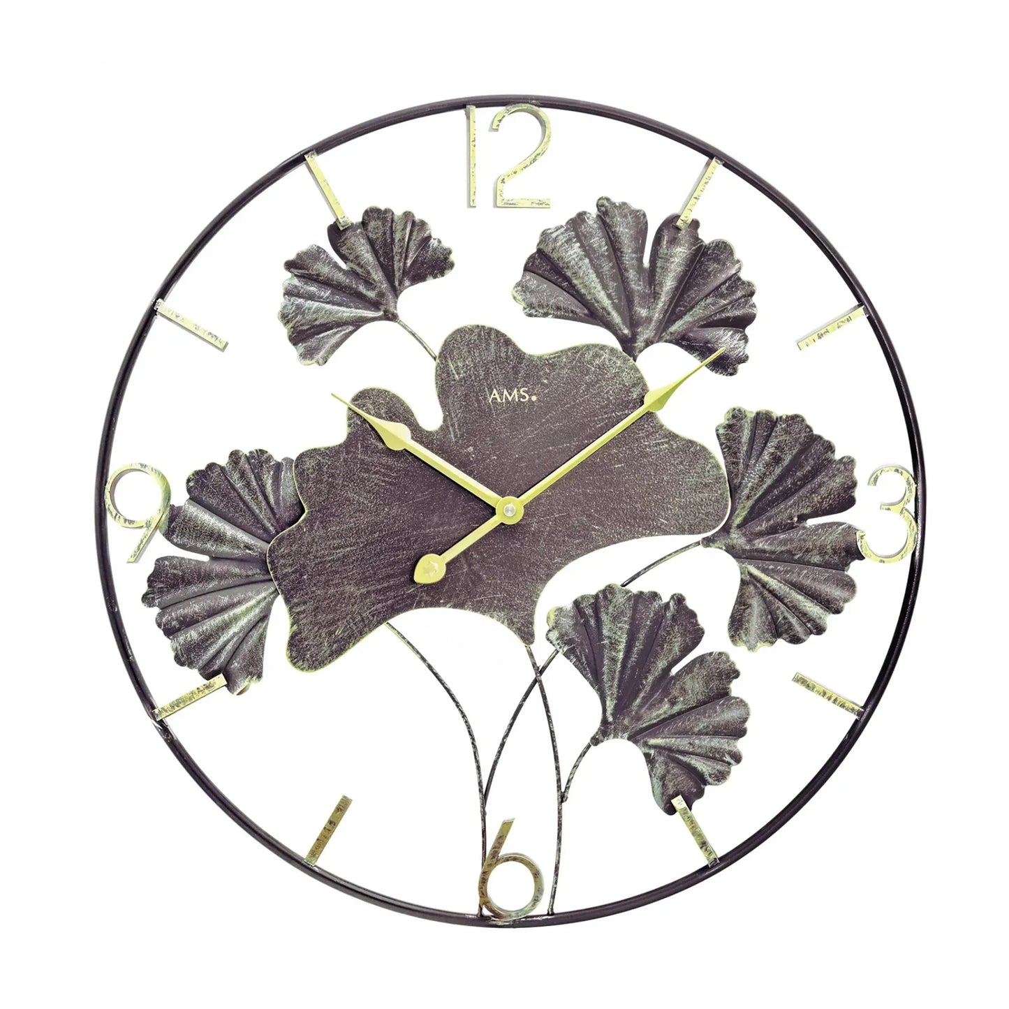 Wanduhr mit Ginkgo-Metallblatt-Design, rund, dunkle Blätter, gelbe Ziffern, AMS