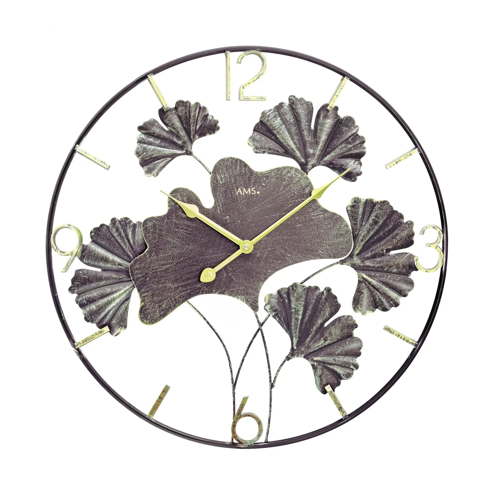 Wanduhr mit Ginkgo-Metallblatt-Design, rund, dunkle Blätter, gelbe Ziffern, AMS