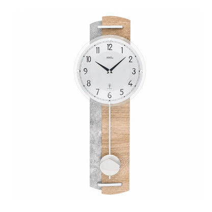 Orologio da parete a pendolo radio controllato con quadrante rotondo, listelli in legno e peso del pendolo bianco