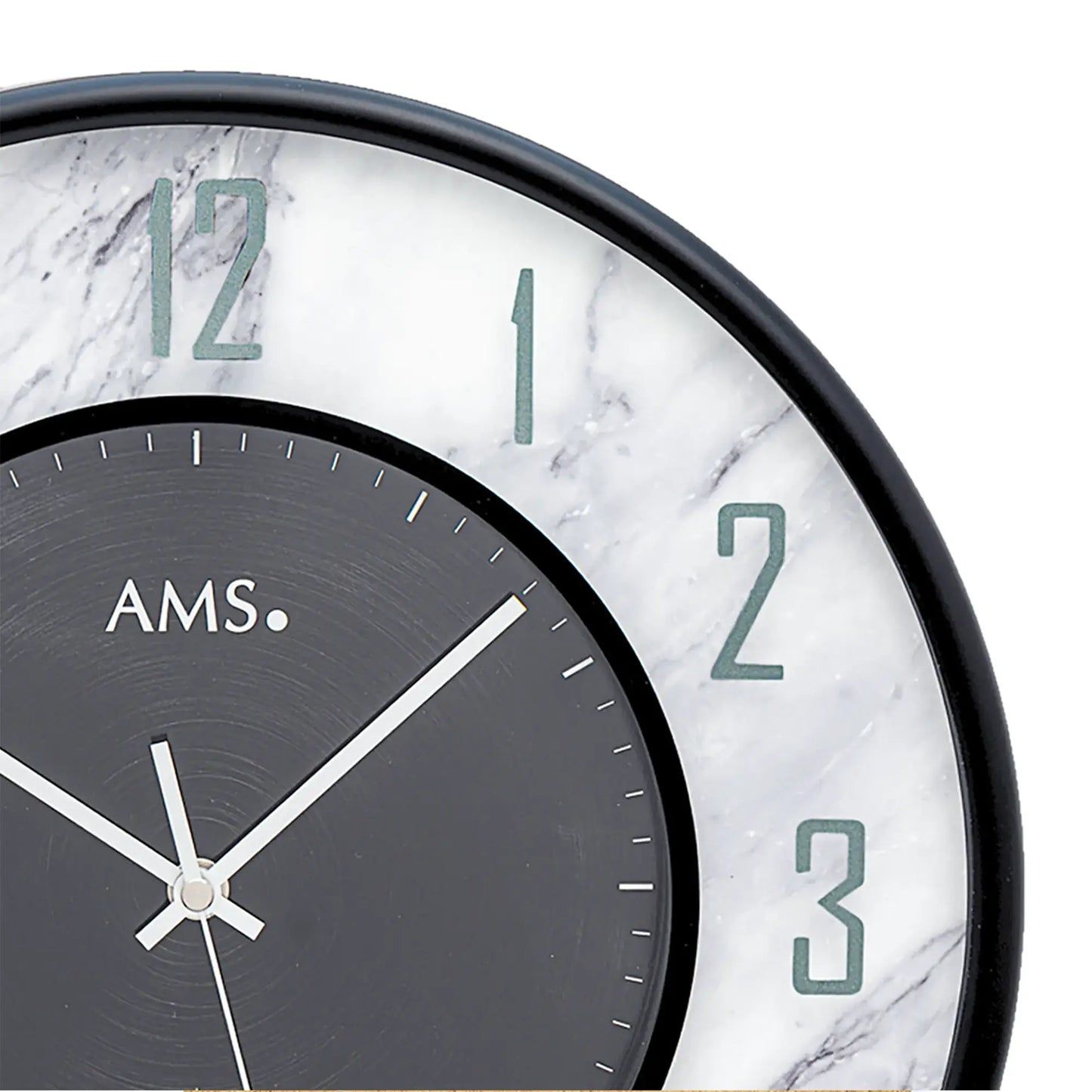 Quadrante per orologio da parete con logo AMS, lancette nere e indici delle ore verdi su marmo