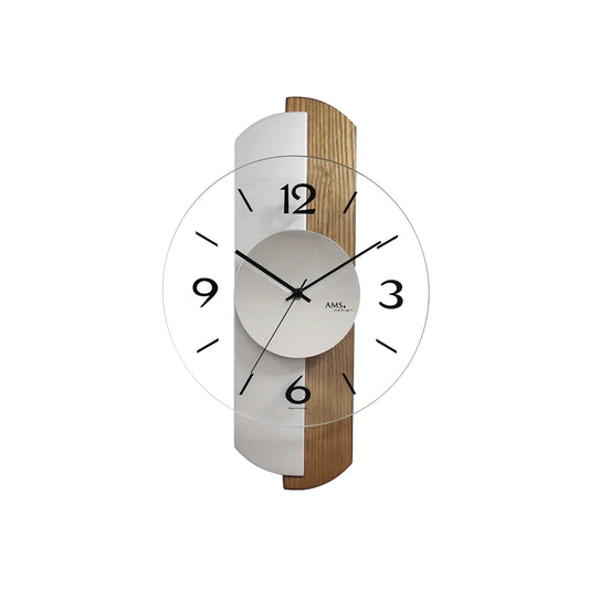 Orologio da parete AMS W9211 rovere/argento • vetro minerale sfaccettato • movimento al quarzo