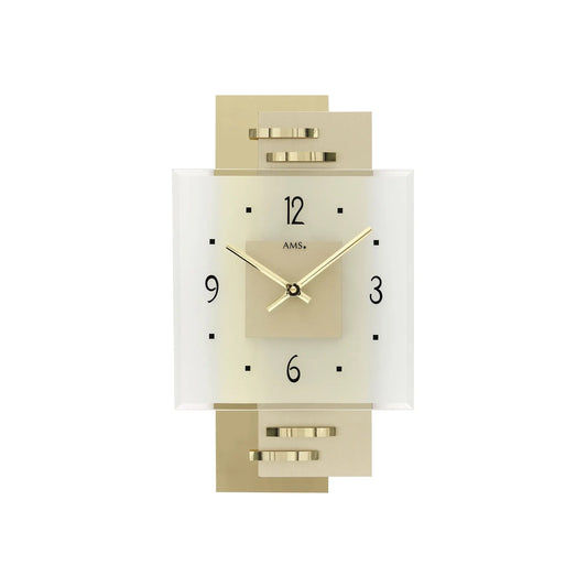 Orologio da parete al quarzo AMS W9241, oro • Pannello posteriore in legno con inserti in ottone • Vetro minerale, Made in Germany