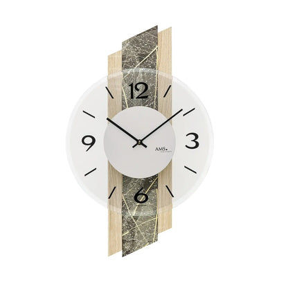 Wanduhr: weißes Zifferblatt, schwarze Zeiger, AMS; Sonoma-Eiche mit Steinoptik