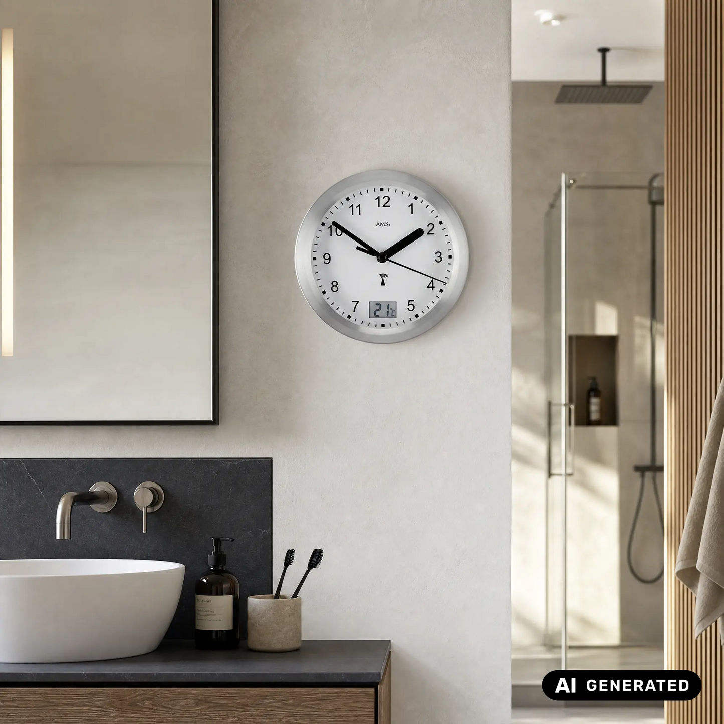 Runde silberne Wanduhr an der Wand, weißes Zifferblatt, schwarze Zeiger, Digitalanzeige 21