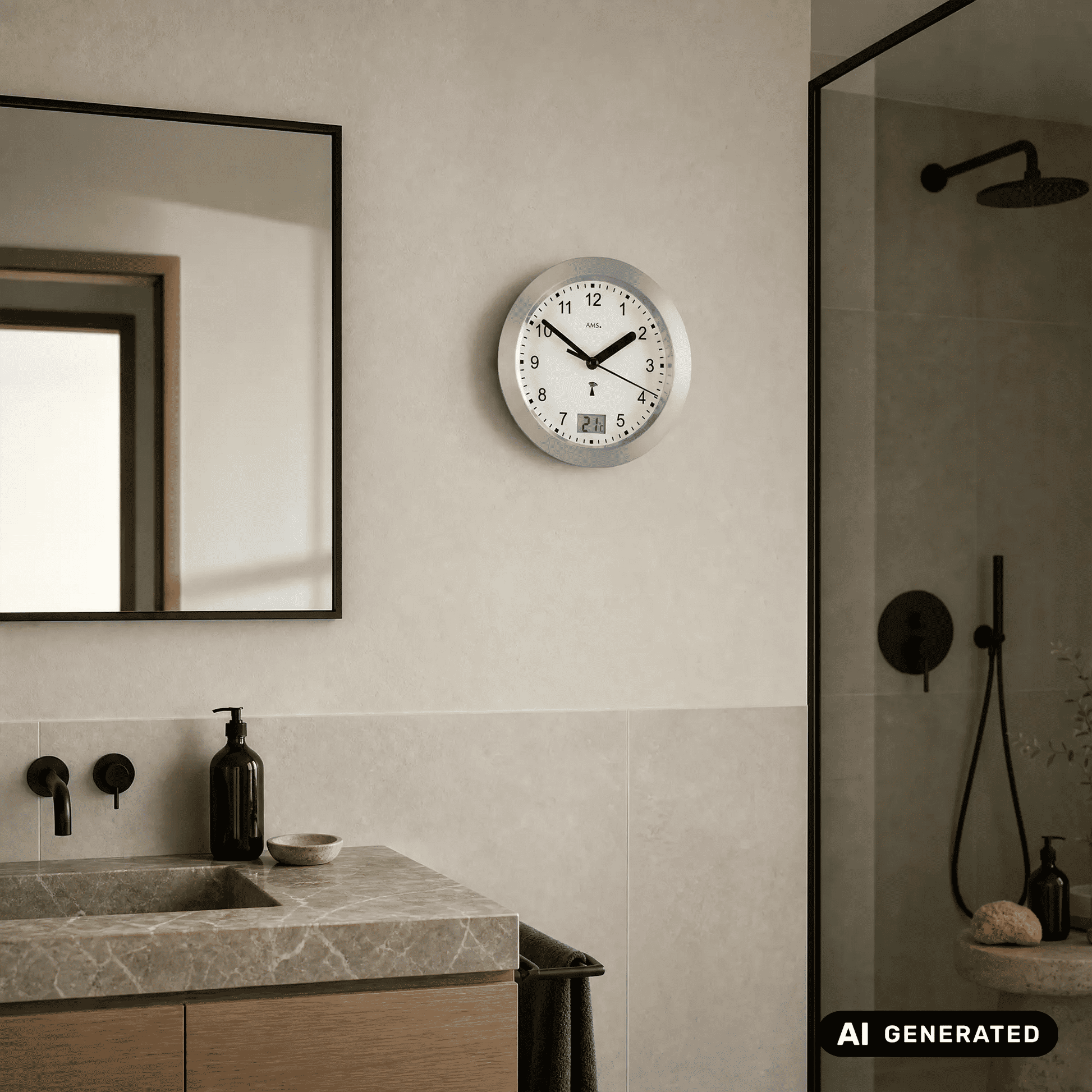 Runde Badezimmeruhr an der Wand mit anthrazitfarbenem Rahmen, weißen Ziffern und Temp.-Display