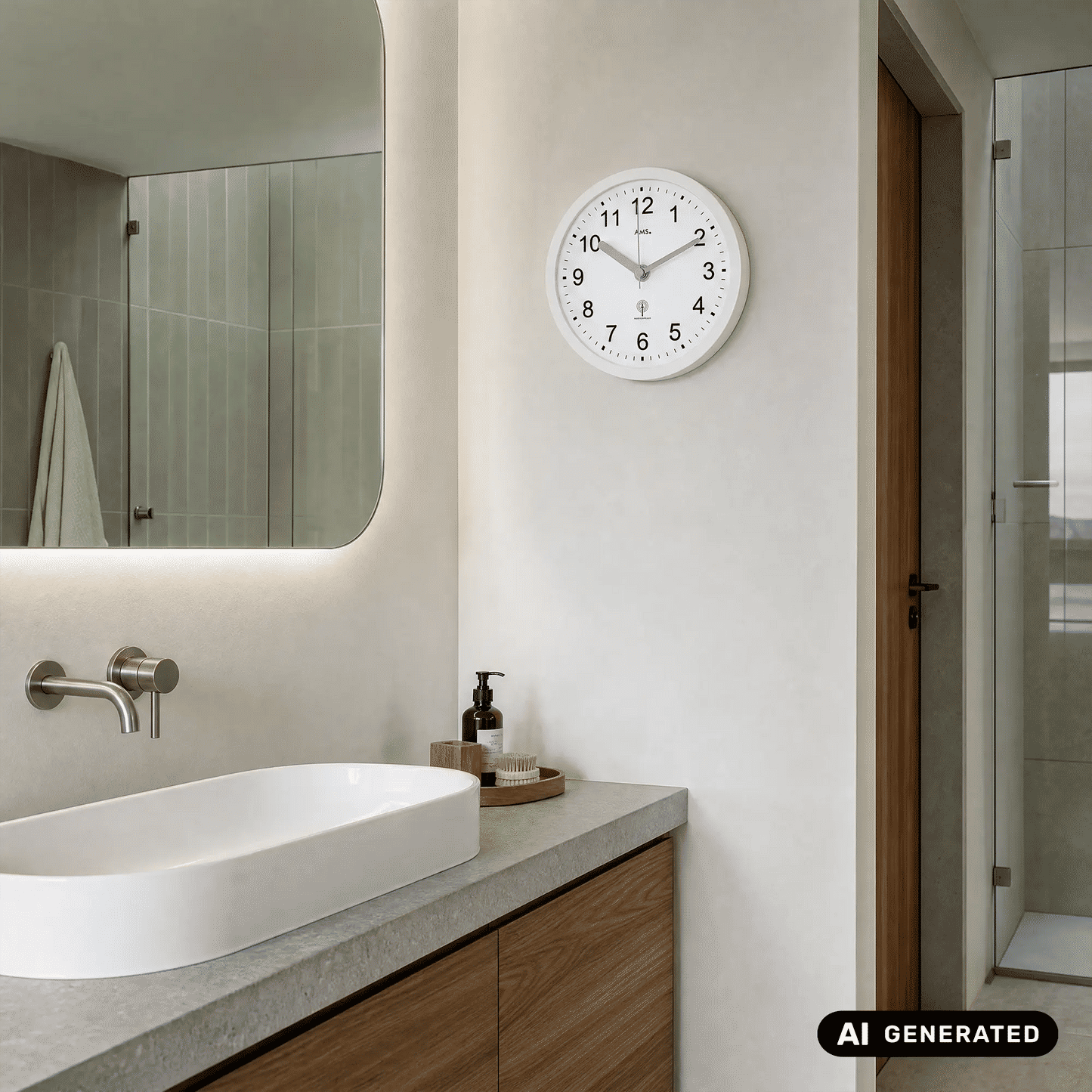 Weiße runde AMS Wanduhr an der Wand mit schwarzen Ziffern und analogen Zeigern