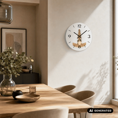 Runde Wanduhr mit weißem Zifferblatt, römischen Zahlen und goldener Pendeloptik